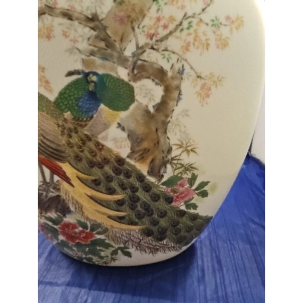 Vintage Satsuma Flat Oval Vase Peacock Floral Design Gold Trim Japanese Ceramic